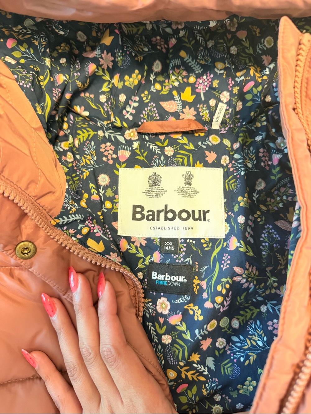 Barbour Peach Quilted Jacket with Navy Floral Lining